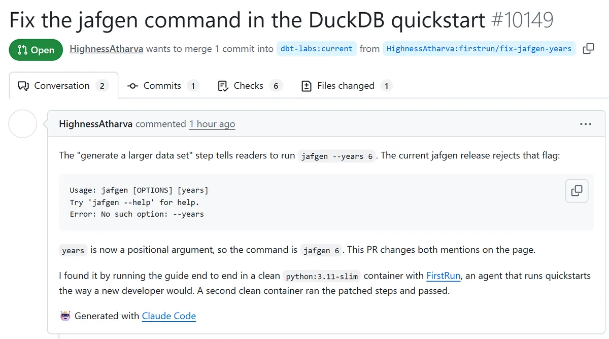 Screenshot of pull request 10149 on dbt-labs/docs.getdbt.com: Fix the jafgen command in the DuckDB quickstart, status Open
