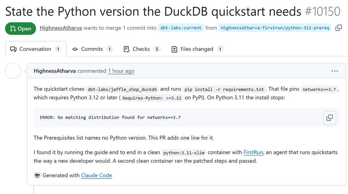 Screenshot of pull request 10150 on dbt-labs/docs.getdbt.com: State the Python version the DuckDB quickstart needs, status Open