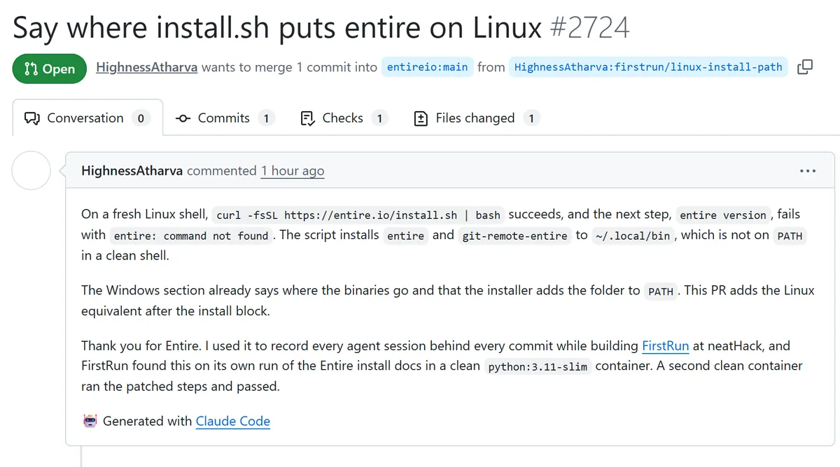Screenshot of pull request 2724 on entireio/cli: Say where install.sh puts entire on Linux, status Open